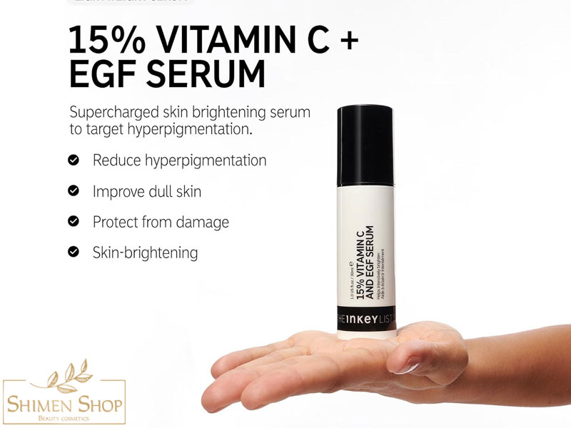 سرم روشن کننده ویتامین سی 15% + EGF مناسب انواع پوست اینکی لیست 30 گرم